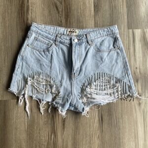 Denim Blvd Rhinestone Tassels Ripped Denim Shorts Blue Cotton Distressed Jean‎ M